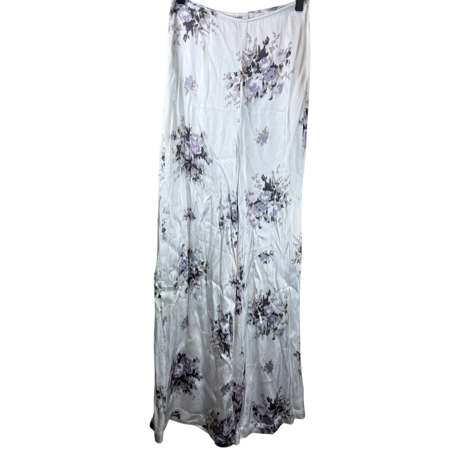 Ganni Cameron Wide Leg Pants White Floral Satin Viscose 36 Relaxed Loose Fit